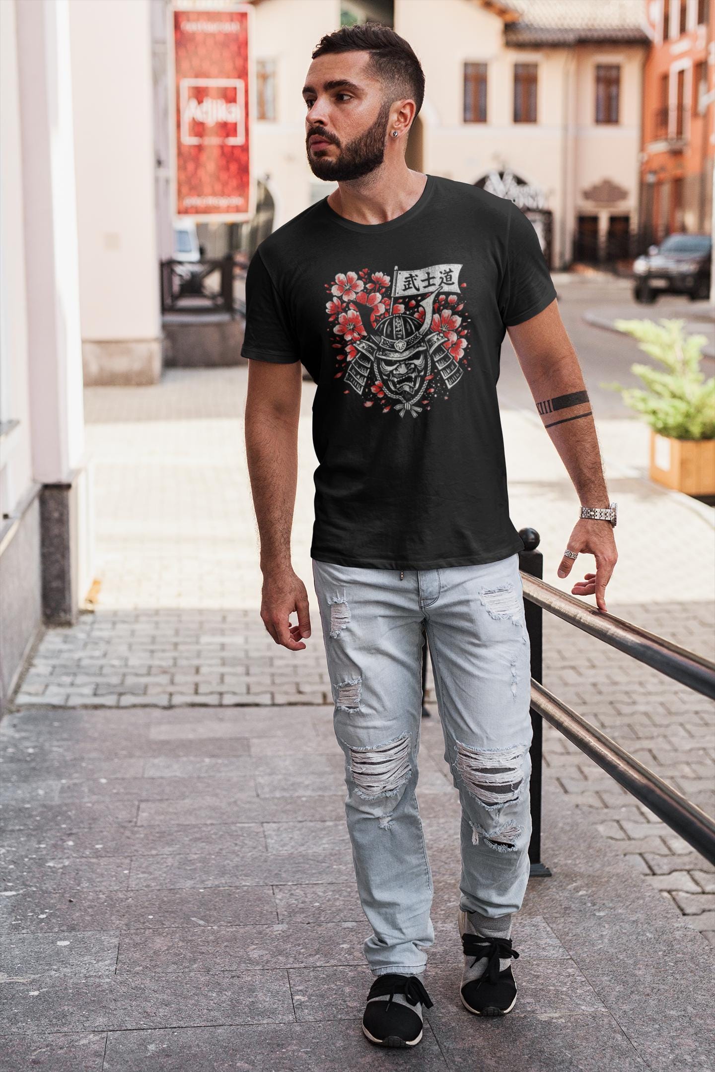 Bushido Samurai Helmet with Cherry Blossoms T-Shirt