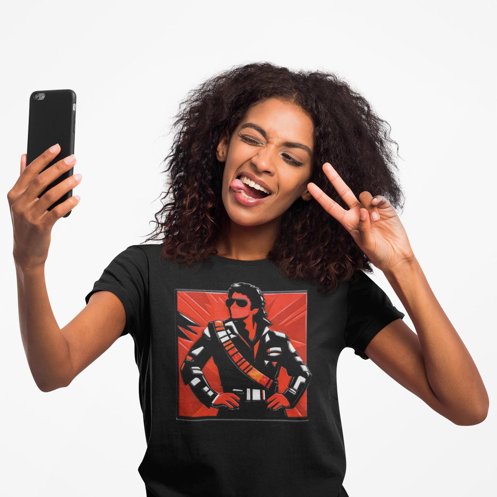 Retro Pop Icon leather-jacket portrait Tee | Red Graphic T-shirt