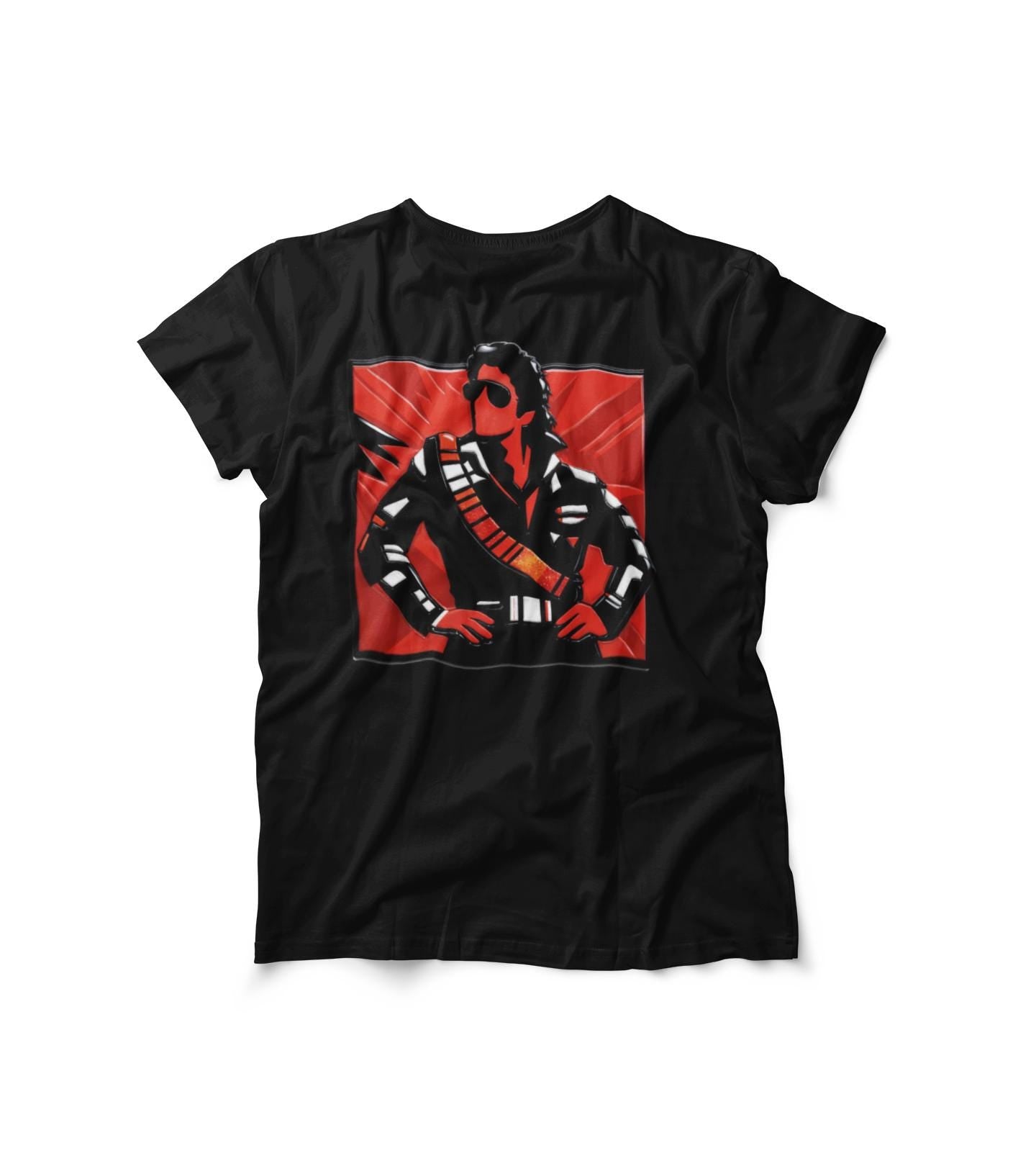 Retro Pop Icon leather-jacket portrait Tee | Red Graphic T-shirt