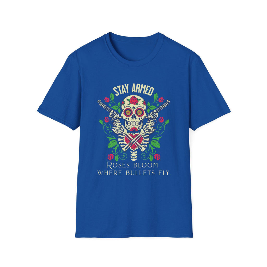 Stay Armed Skull with Roses T-Shirt | Day of the Dead floral pistol design
