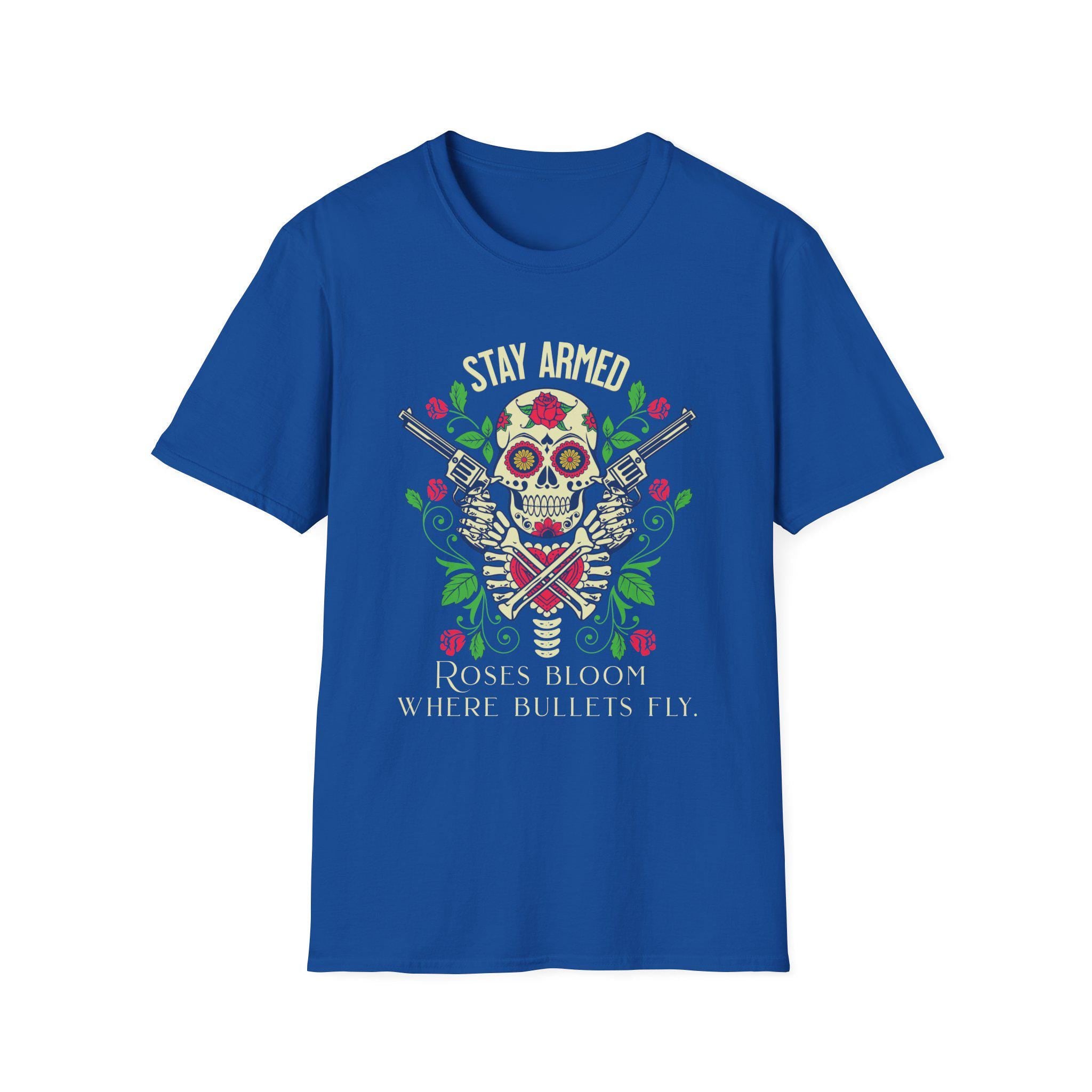 Stay Armed Skull with Roses T-Shirt | Day of the Dead floral pistol design