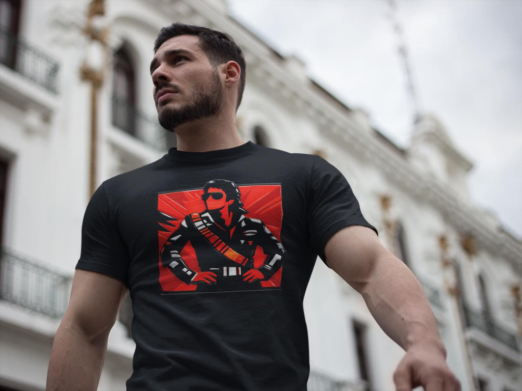 Retro Pop Icon leather-jacket portrait Tee | Red Graphic T-shirt