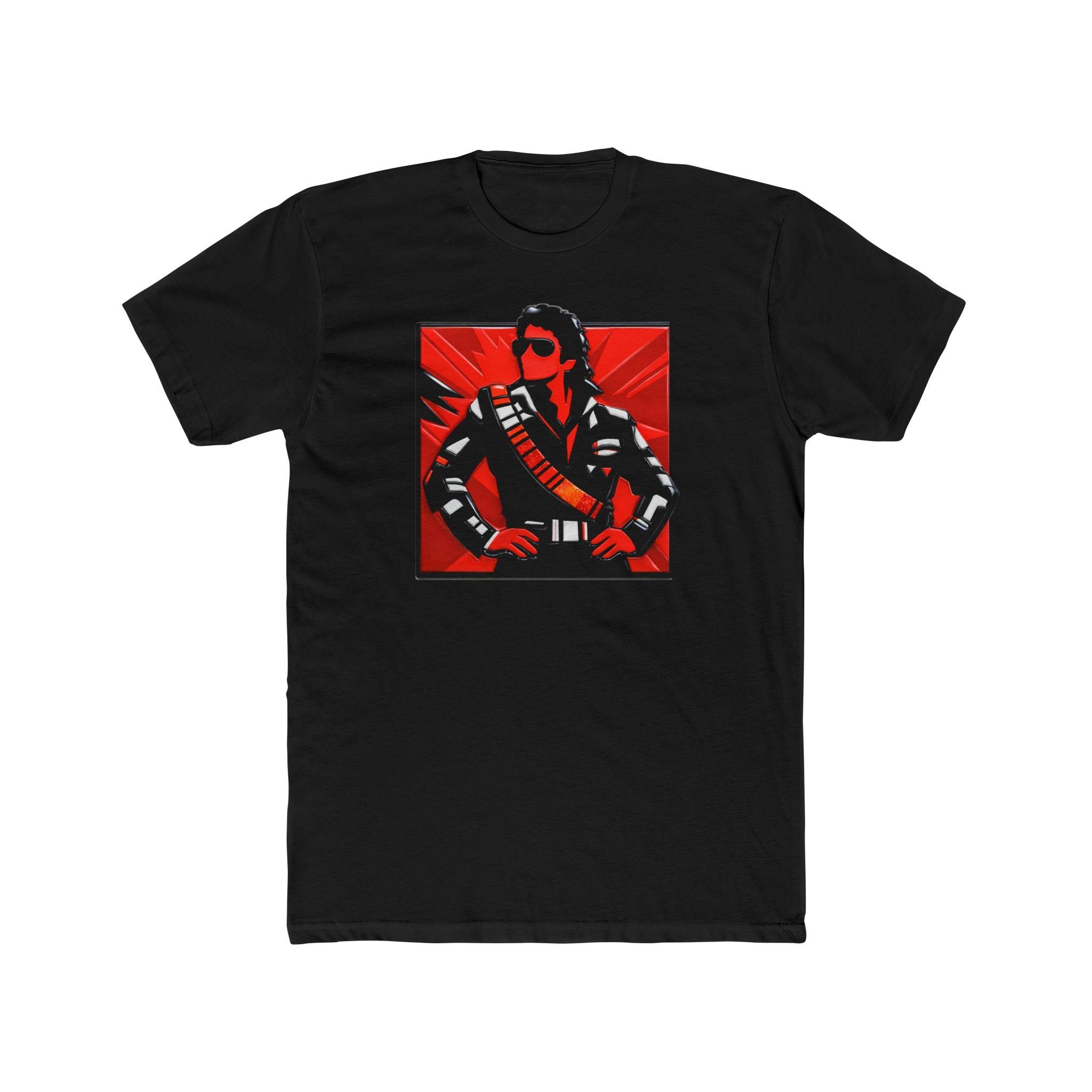 Retro Pop Icon leather-jacket portrait Tee | Red Graphic T-shirt