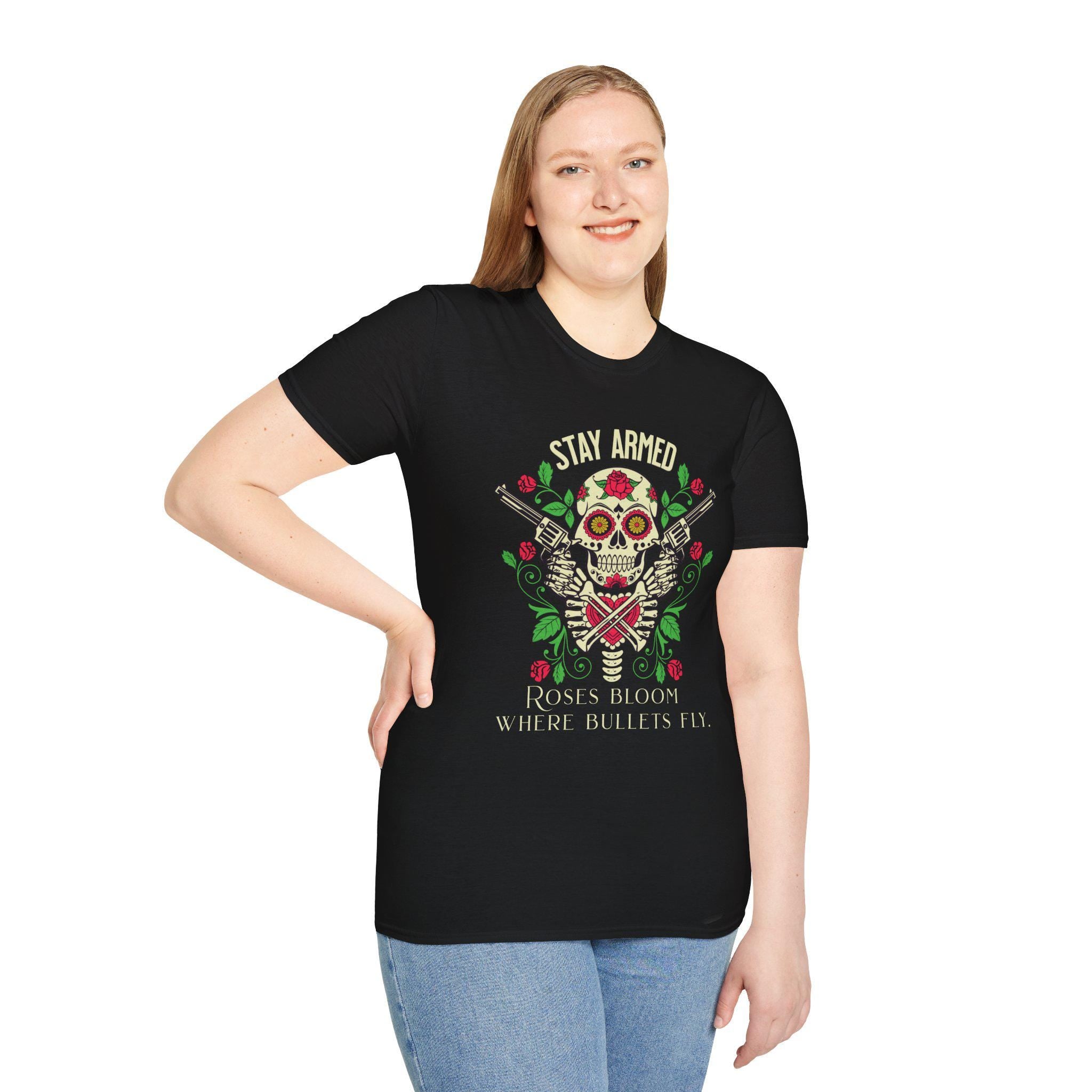 Stay Armed Skull with Roses T-Shirt | Day of the Dead floral pistol design