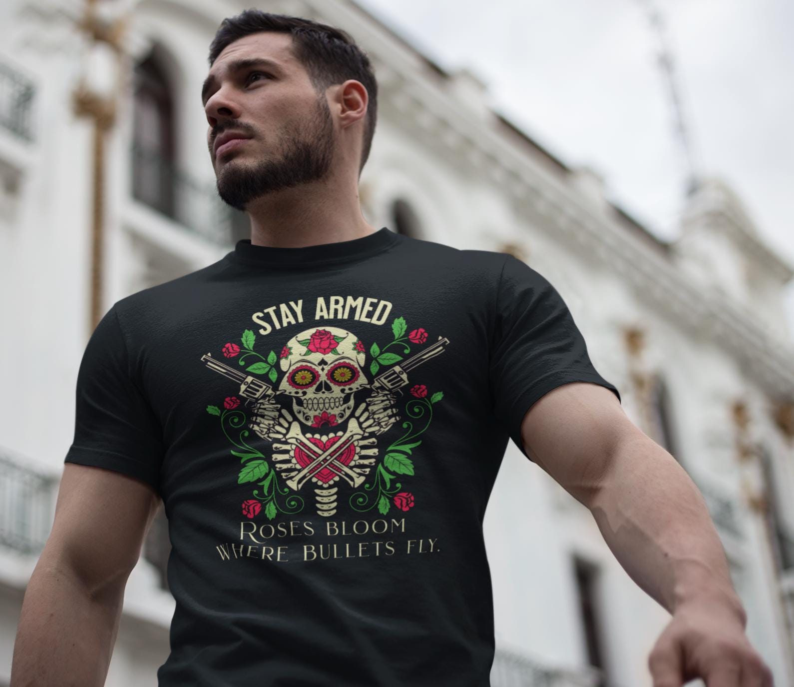 Stay Armed Skull with Roses T-Shirt | Day of the Dead floral pistol design