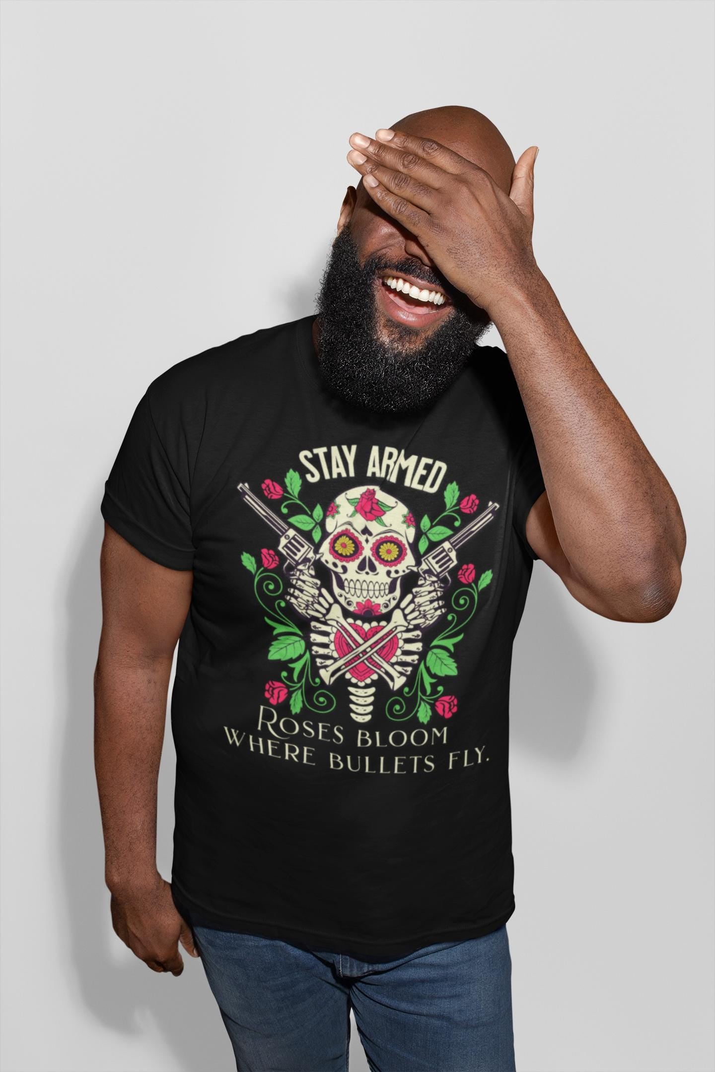 Stay Armed Skull with Roses T-Shirt | Day of the Dead floral pistol design