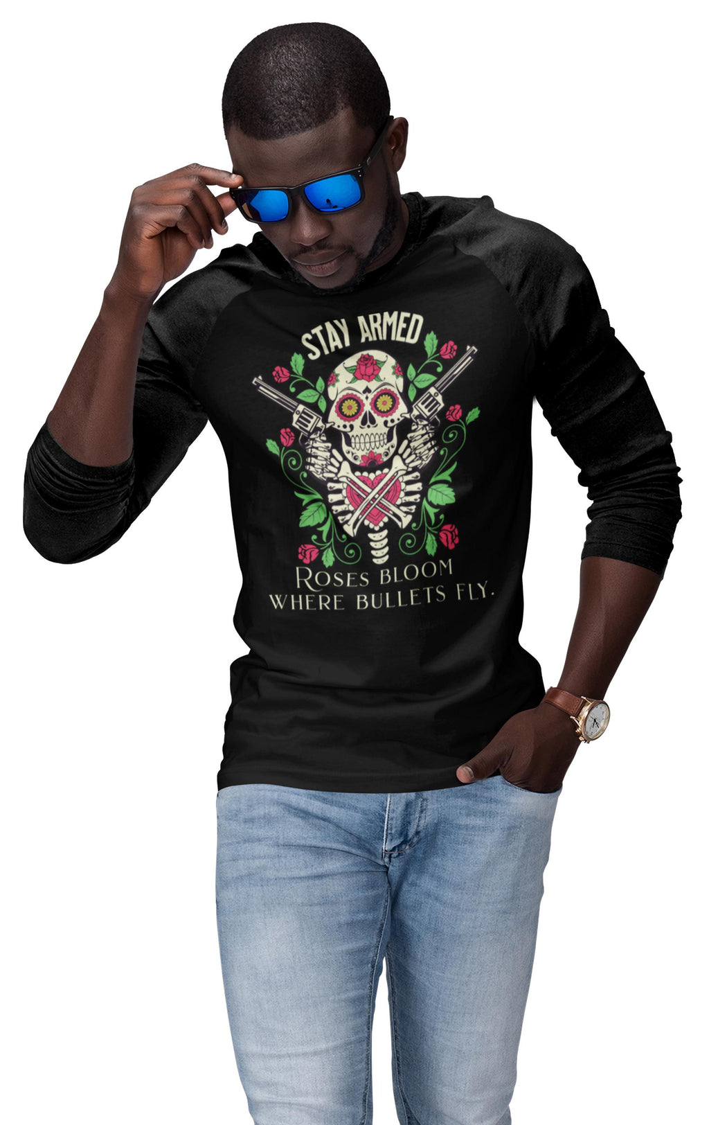 Stay Armed Skull with Roses T-Shirt | Day of the Dead floral pistol design