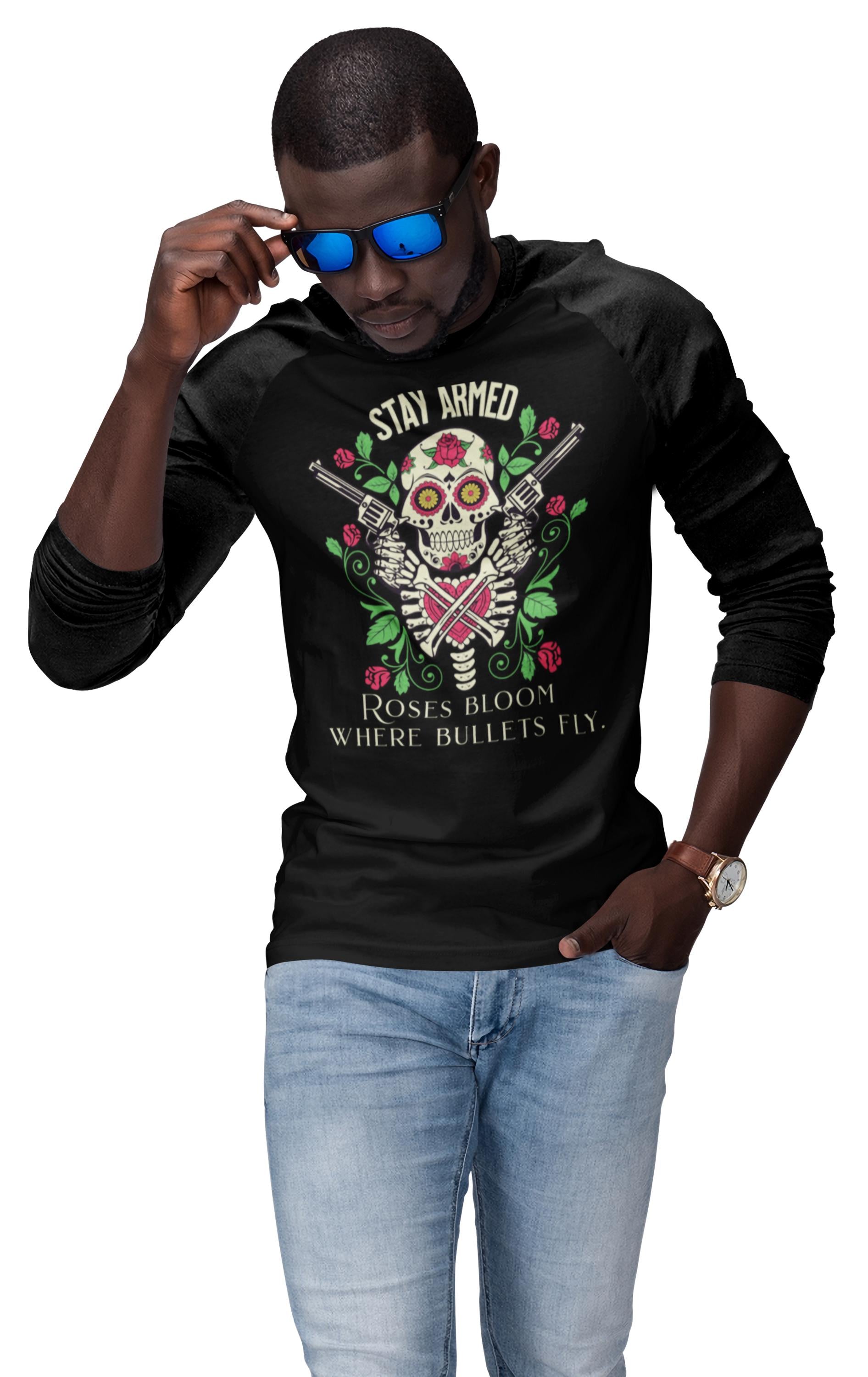 Stay Armed Skull with Roses T-Shirt | Day of the Dead floral pistol design