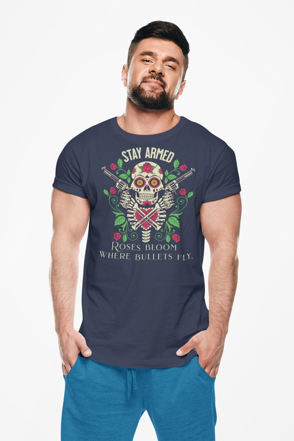 Stay Armed Skull with Roses T-Shirt | Day of the Dead floral pistol design