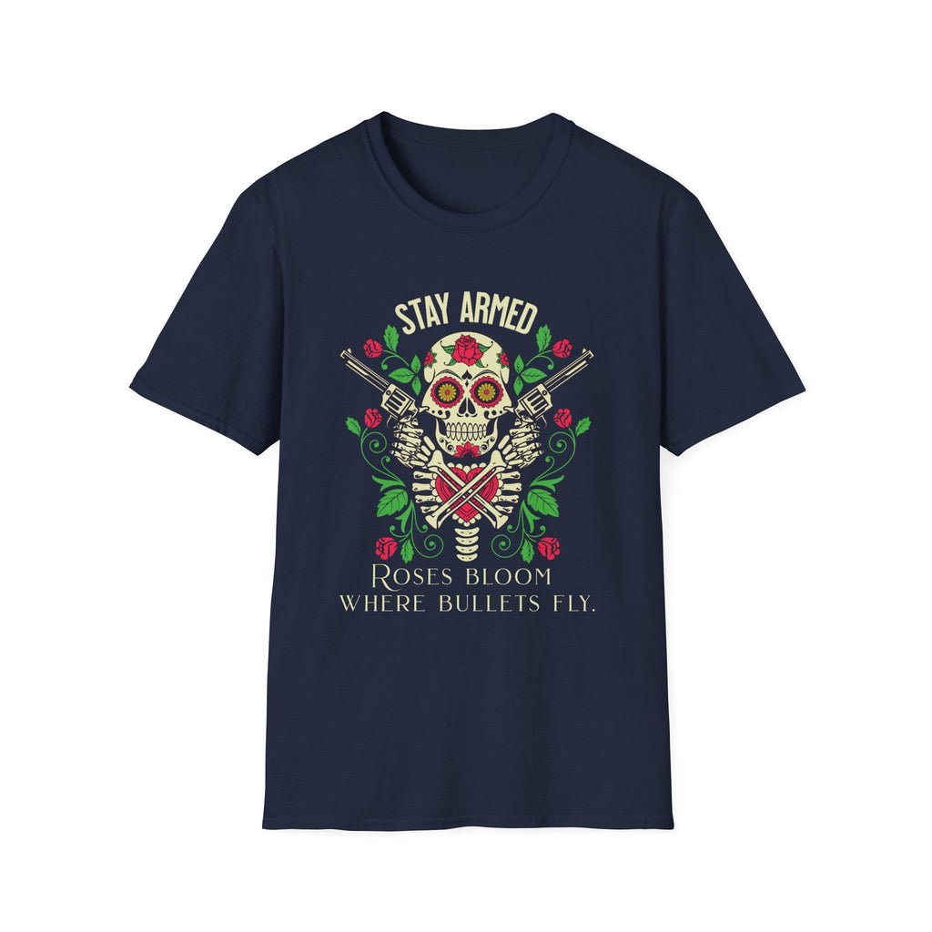 Stay Armed Skull with Roses T-Shirt | Day of the Dead floral pistol design