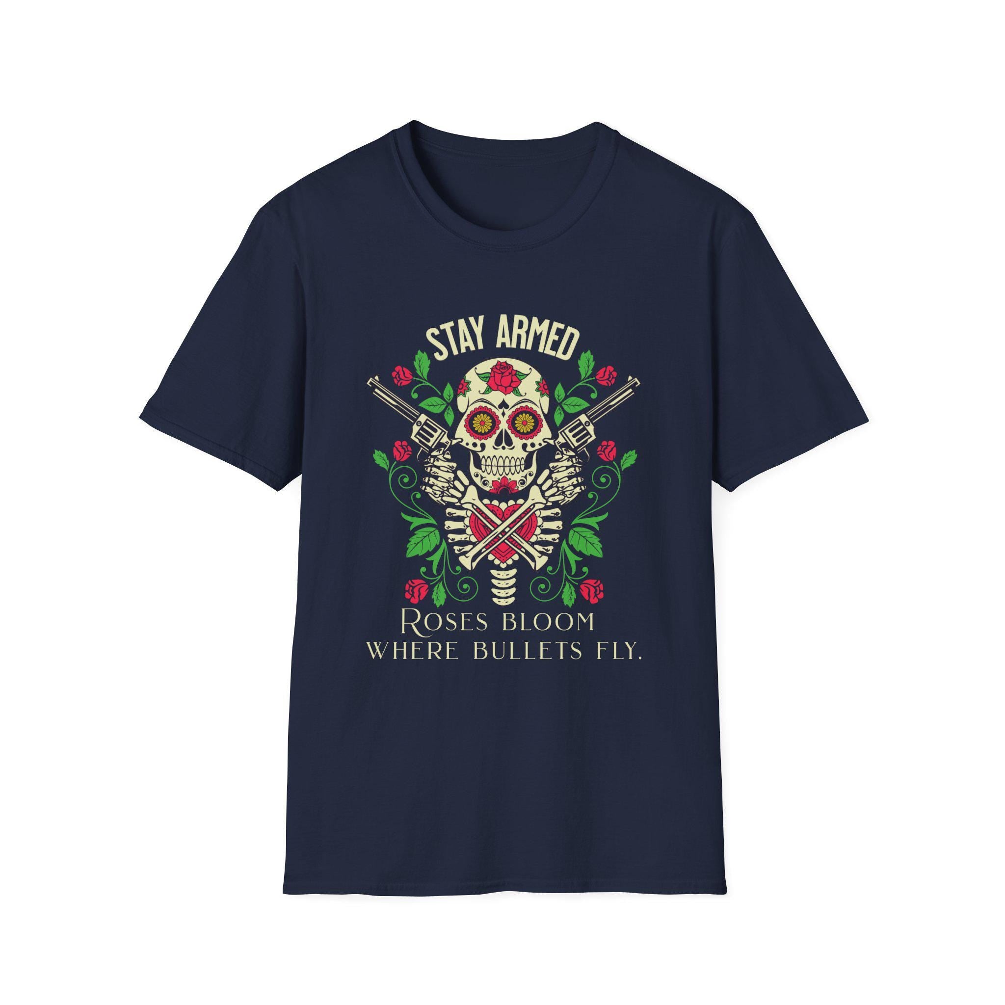 Stay Armed Skull with Roses T-Shirt | Day of the Dead floral pistol design