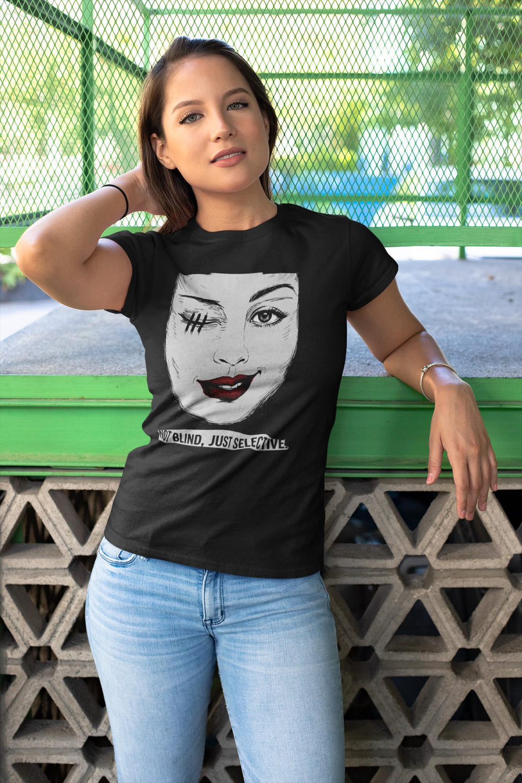 Not Blind Just Selective face illustration T-Shirt | winking woman graphic tee